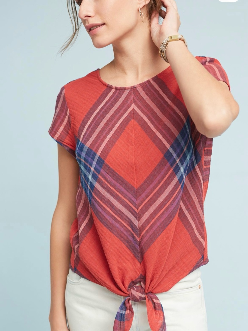 Cloth & Stone Red Tie-Front Plaid Top